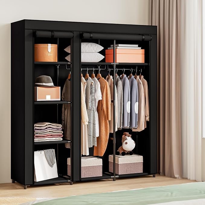 SORCEDAS Portable Closet Wardrobe with Hanging Rods Shelves Clothes Storage | 51 Inch Closet Organizers and Storage with Non-Fabric Cover,Freestanding Clothes Closet for Bedroom,dorm,Storage Rooms Black