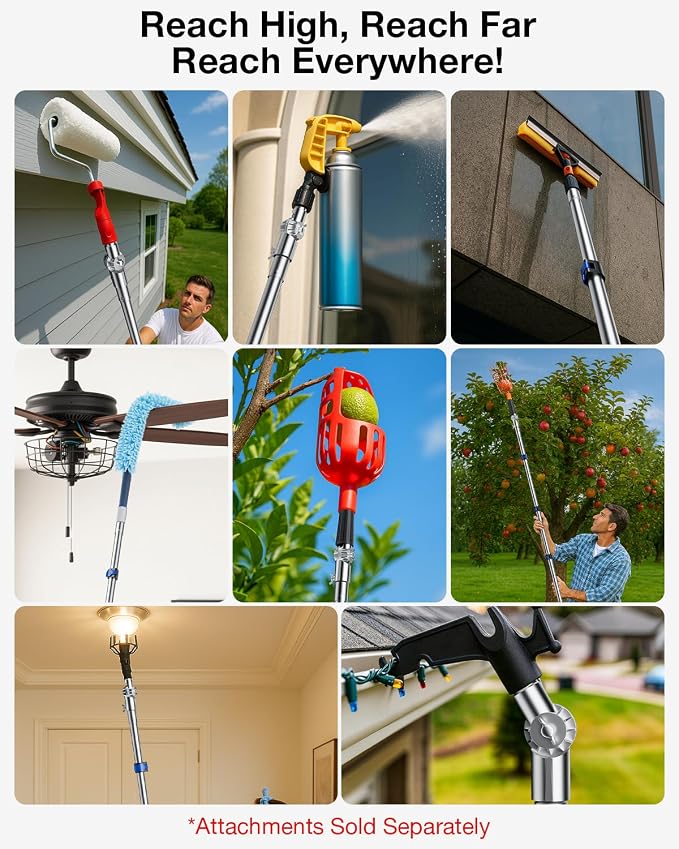 Telescoping Pole, 5-20 Ft with Joint Angle & Squeegee Adaptor, Aluminum Telescopic Paint Roller Extension Pole & Extendable Pole, Anti-Slip Foam Grip, Multi-Purpose Gutter Window Dust Cleaning Pole