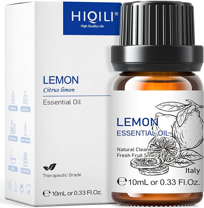 HIQILI Lemon Essential Oil, Household Cleaning, Air Purification, Skin Care, Can be Added to Cleansers, Sprays, Body Lotions Use - 0.33 Fl Oz/10ML | Cleans Air, Removes Odors and Stains, Refreshes Skin, Easy to Add to Sprays andLotions -10mL / 0.33 fl oz