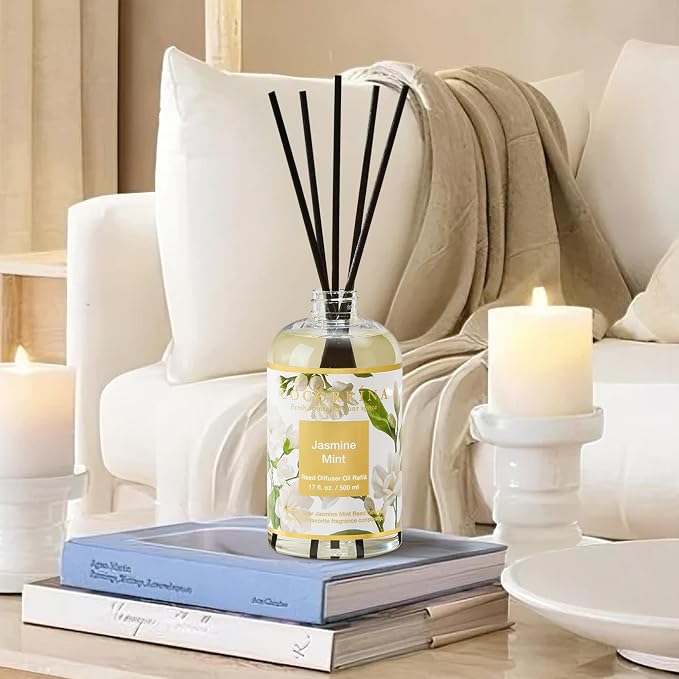Reed Diffuser Refill Jasmine&Mint 17oz (500ml) with 8 Sticks - Premium Long-Lasting Scented Oil, Home Fragrance for Bedroom, Bathroom Home Decor