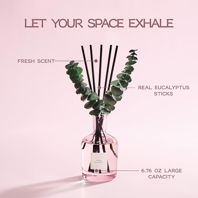 White Flower Reed Diffuser, 6.76 oz | Real Dried Eucalyptus Leaves, 8 Reeds, Long-Lasting Essential Oil, Home Fragrance, Bedroom or Bathroom Décor