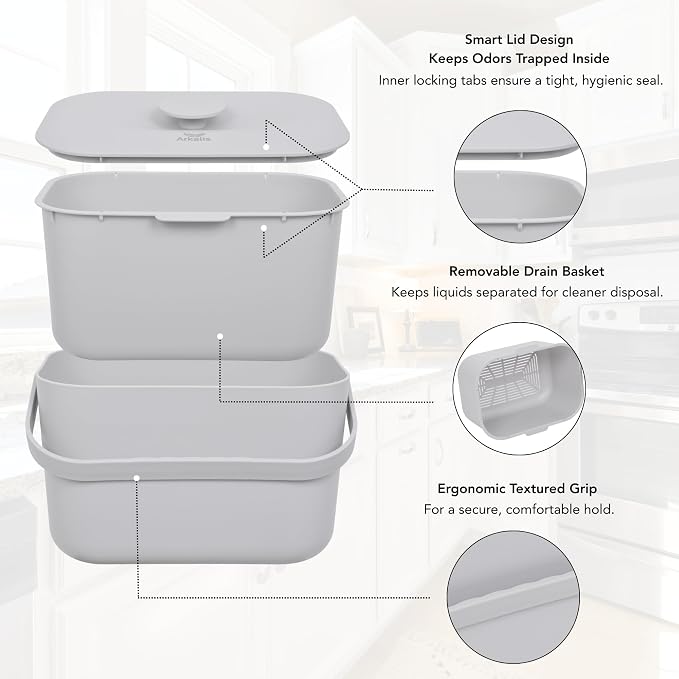 Kitchen Compost Bin – 1.3 Gallon Countertop Compost Bin with Lid, Odor-Blocking, No Charcoal Filters Needed, Indoor Compost Bin with Removable Basket, Easy Clean
