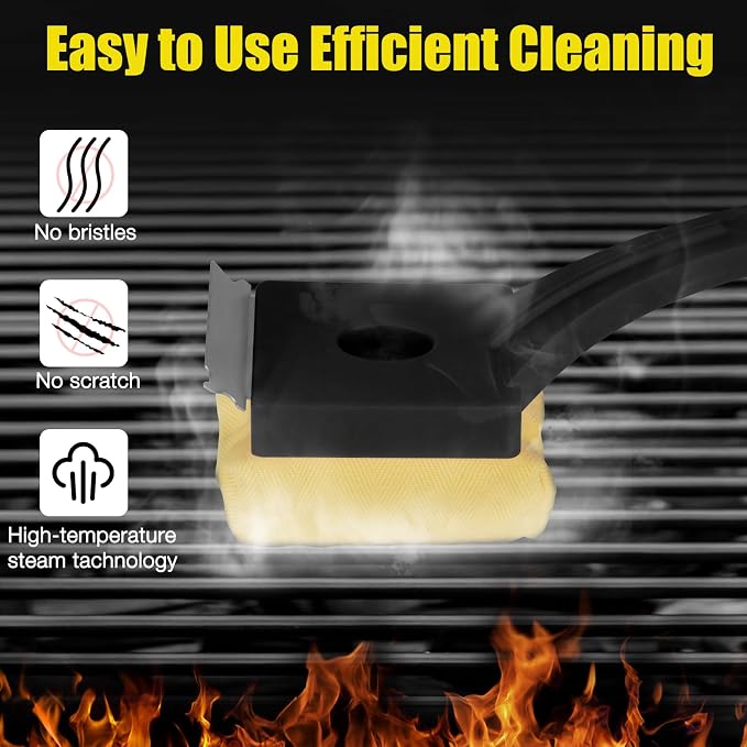 Grill Brush Bristle-Free – Steam Cleaning & Pumice BBQ Grill Cleaner with Replaceable Head – Includes 2 Cleaning Stones + 1 Extra Brush Head – Heavy-Duty Barbecue Scraper