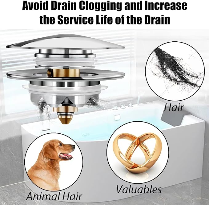 Anlige Bathtub Drain Stopper, Pop Up Tub Stopper and Cover, Bottom with Hair Catcher, Universal for 1.45 to 1.8 in Drain, Replaces Old Drain Plug, Chrome Silver