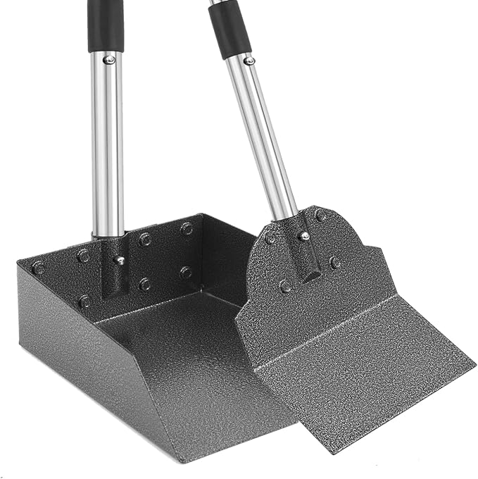 Dog Pooper Scooper, Metal Tray & Spade with 38.2" Long Handle | Medium Dog Poop Scooper: 6.5x6.7x2.5in Tray, 5.1x3.3in Spade, No-bend Pickup, Easy Rinse, Tool-free Setup