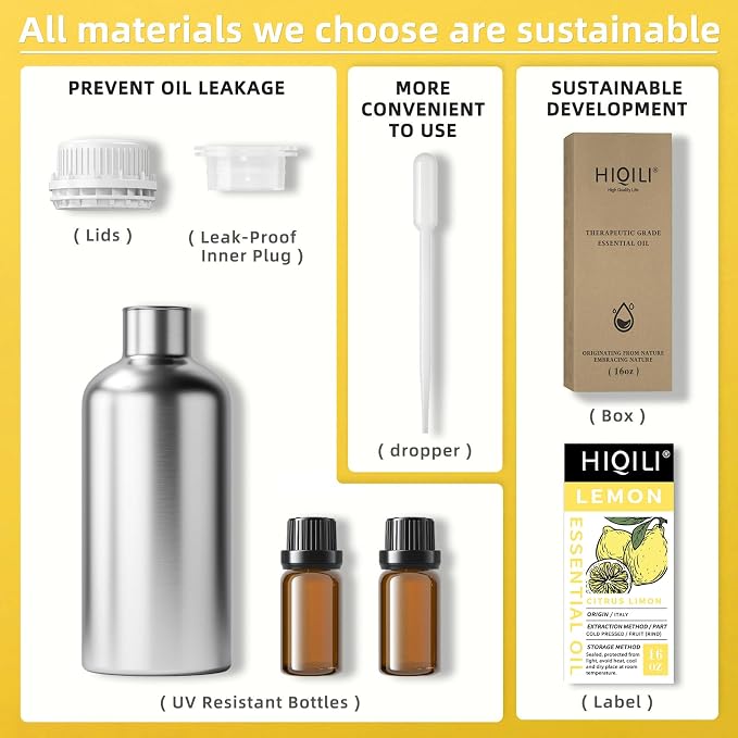 HIQILI Lemon Essential Oil for Cleaning, Skin & Diffuser | Can be added for degreasing, household use and aromatherapy purposes – 473mL / 16 fl.oz
