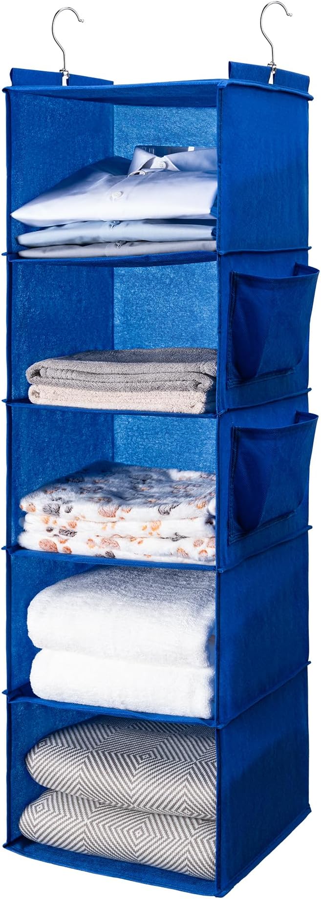 BOOMIBOO Hanging Closet Organize and Shelves,5-Hanging Shelf （Blue） | with 2 Side Pockets，Storage Foldable