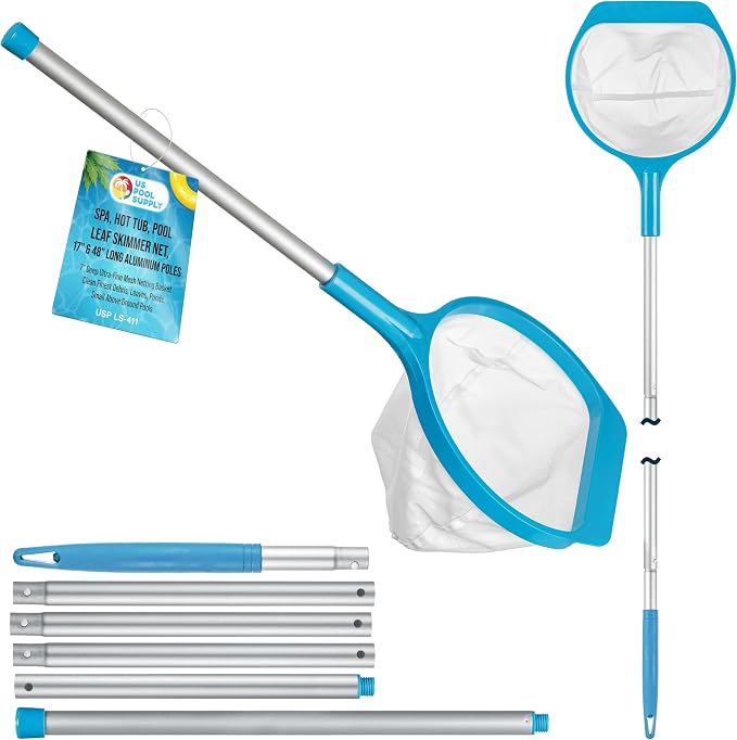 U.S. Pool Supply Spa, Hot Tub, Pool Leaf Skimmer Net, 17" & 48" Long Aluminum Poles - Deep Ultra Fine Mesh Netting, Handheld Pool Cleaning Net, Clean Finest Debris, Leaves, Ponds, Small Above Ground