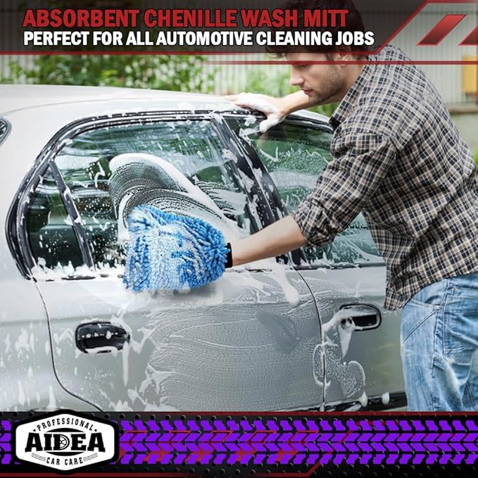 AIDEA Car Wash Mitt Microfiber, 2PK, Car Wash Brush, 7.12''X10.14'' | Scratch Free Lint-Free, Premium Chenille Microfiber Mitt, Regular Size, Green & Blue