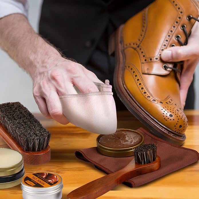 13Pcs Shoe Care Kit for Men & Women,3 Horsehair Shoe Polish Brush,Black Brown Neutral Mink Oil for Shoes,Care for Leather Boots, Shoe Cleaning Kit as Gift for Men with Shine Sponges & Care Cloth