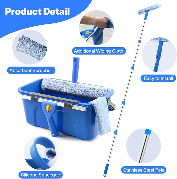 Window Cleaning Kit with Bucket, Squeegee and Scrubber for Home, Commercial | Professional High Windows Washing Kit, 76" Long Handle Window Squeegee & Scrubber, 3 Gal Bucket, Complete Window Cleaner Tool