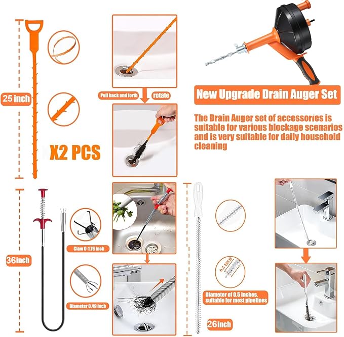 Drain Snake, Drain Auger with Drill Attachment, 25 Feet Plumbing Snake Tool Set Included Drain Clog Remover, Hair Clog Remover ＆ Cleaning Brush for Kitchen, Bathroom and Shower Sink with Gloves