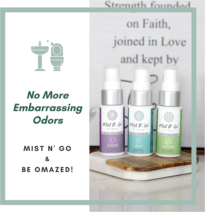 Mist N' Go by Omaze Travel Bathroom Spray - Toilet Odor Eliminator & Air Freshener - Fresh Linen (1oz x2)