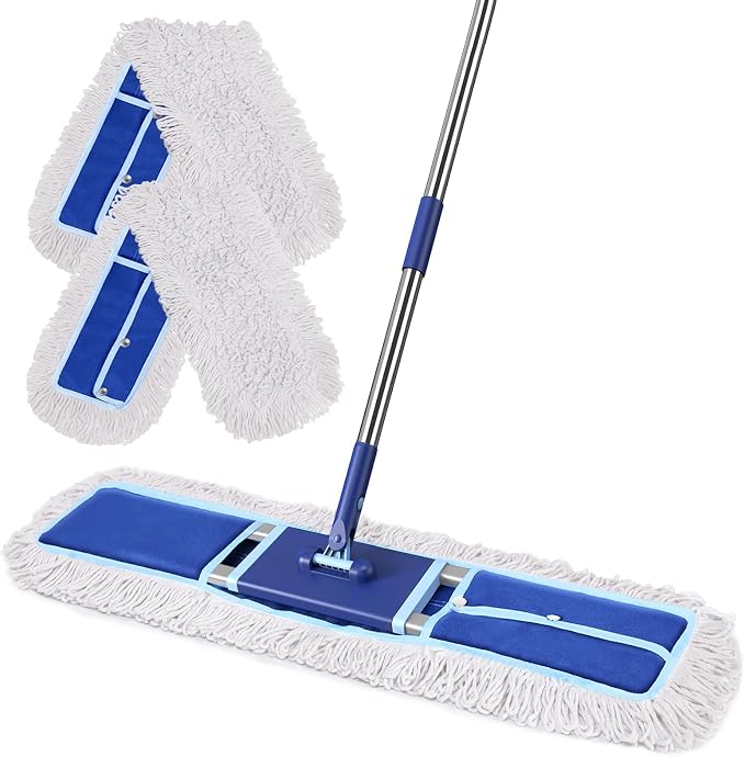 36" Commercial Dust Mop: Dust Broom for Hardwood Floors Cleaning | 2 Pcs Cotton Mop Pads, 59" Long Handle, Heavy Duty Frame, Industrial Professional Cleaning Supplies, Blue