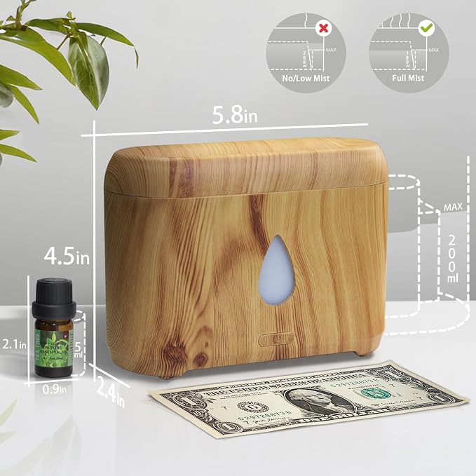 Flame Diffuser for Essential Oils, 200ml Ultrasonic Aroma Diffusers with Cool Mist, Aromatherapy Diffuser with Auto-Off Protection (Wooden Grain(7 Colors), Peppermint+Lavender+Tea Tree+Lemon)