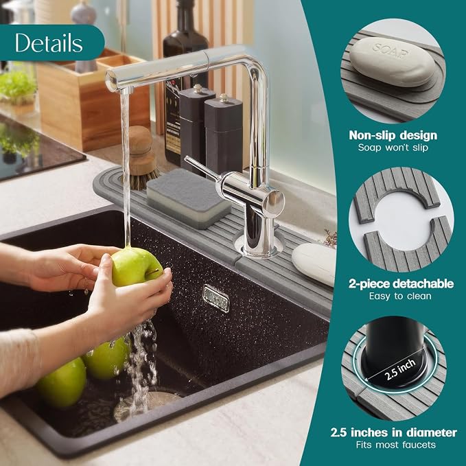 eormoe Faucet Mat for Kitchen Sink - Diatomaceous Earth Faucet Splash Guard, Fast Drying Sink Protector - Water Absorbing Stone for Bathroom Sink (Grey, 20'' x 3.9'')