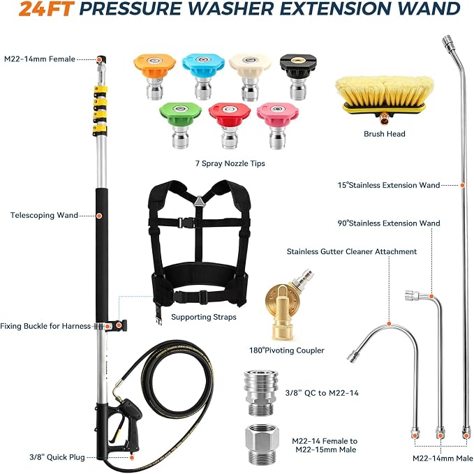 24 FT Aluminum Pressure Washer Telescoping Wand with 3 Pressure Washer Extension Wand, Brush Head, Gutter Cleaning tools with Power Washer Extension Wand, Gutter Cleaner Wand, 7 Spray Nozzle Tips
