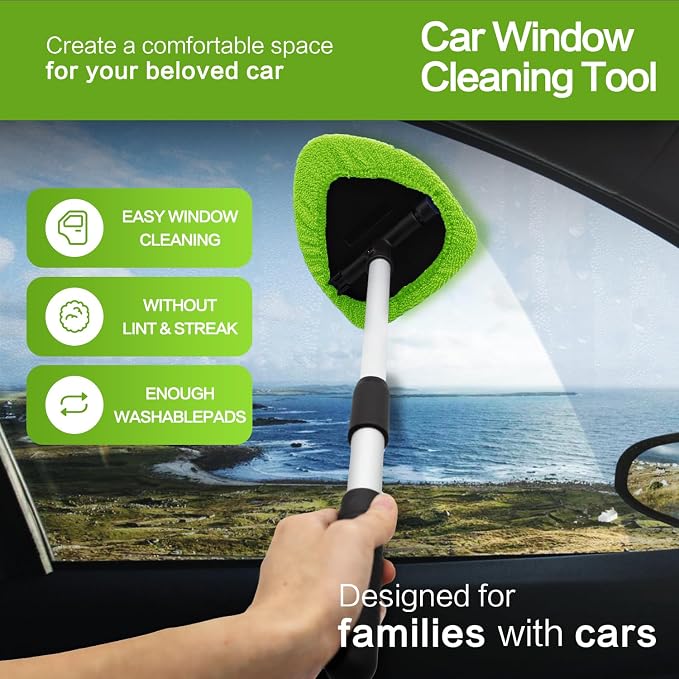Windshield Cleaner Tool 22.5" L - Car Interior&Exterior Window Cleaning Kit with Extendable Handle&4 Microfiber Pads and Thick Large Wash Sponge, Auto Glass Wiper Brush Kit for Cars Home (7pcs Green)