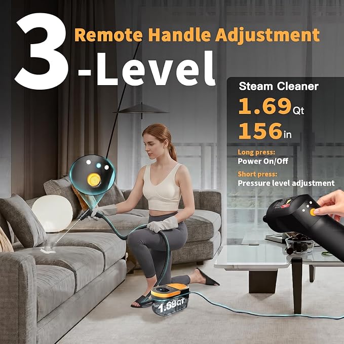 Gautye Steam Cleaner, 3 Level Adjustable Handle Yellow | 1.69 Quarts Tank, 15s Heat Up, Handle Steam Cleaner for Home, Steamer for Cleaning for Kitchen