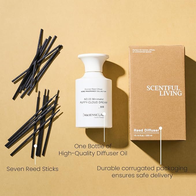 M&SENSE Minimalist Large Reed Diffuser 300ml, Puffy Cloud Dream Scented with Natural Essential Oils, Long Lasting with 7 Sticks, Non-Toxic Home Fragrance for Bedroom, Bathroom Decor