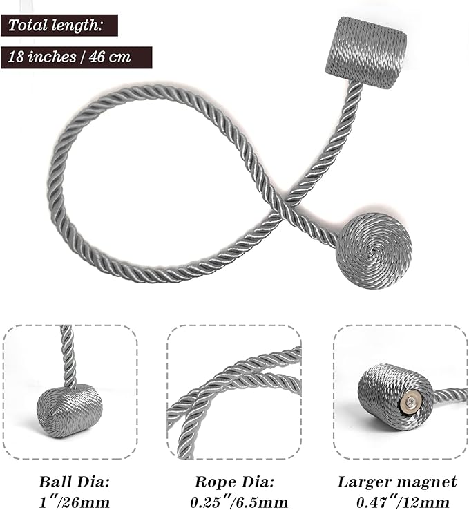 Hion Magnetic Curtain Tiebacks Grey 4 Pack, Curtain Tiebacks Buckles Holdbacks Holders Hooks Clip for Home Bedroom Office Decorative Thick or Thin Curtain