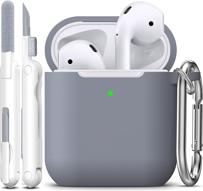 R-fun for AirPods 1/2 Case, Soft Silicone Protective Cover with Keychain and Cleaning Pen, Compatible with AirPods 2nd/1st Generation (2016/2019), Full Drop Protection Cover, Dark Gray