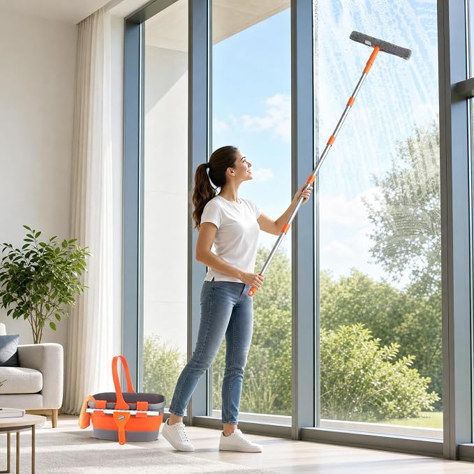 Professional Window Cleaning Kit with Collapsible Bucket for Home, Outdoor | 61" Long Handle Window Squeegee, Microfiber Scrubber, 3 Gal Bucket, High Window Washing Kit, Window Cleaner Tool, Commercial