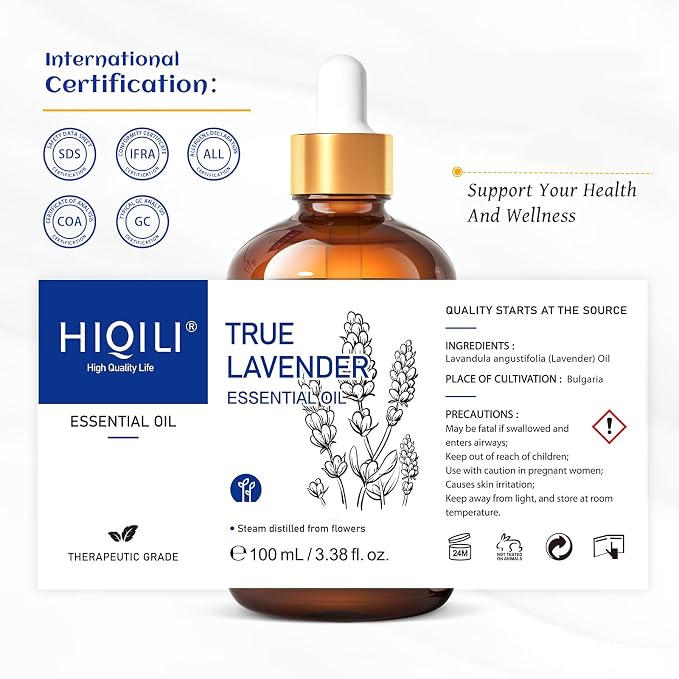 HIQILI Lavender Essential Oil for Diffuser, Aromatherapy & Better Sleep | With 10ml travel bottle, Relaxes Mind & Eases Stress, Calming Scent for Room Office & Workspace - 100mL / 3.38 fl oz