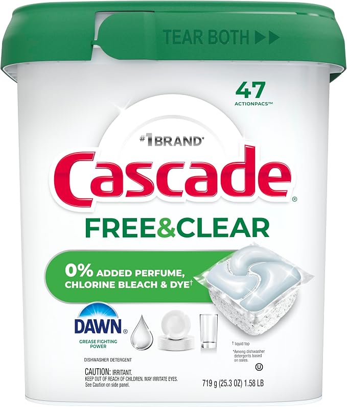 Cascade Free & Clear Dishwasher Pods, Dishwasher Detergent, Dish Detergent Soap, Unscented, 47ct