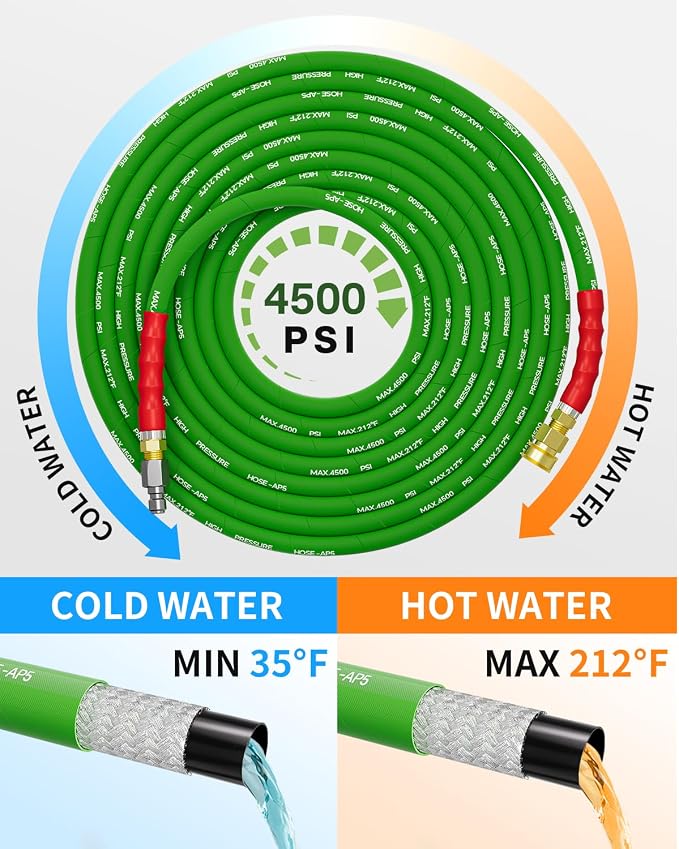 Pressure Washer Hose 200FT 3/8" for Cold and Hot Water 212°F, with Swivel Quick Connect, 4500PSI Kink Resistant Grade Steel Wire Braided, Power Washer Hose With 2pcs M22-14mm Adapter