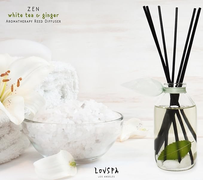 Reed Diffuser Set - Zen White Tea & Ginger Scented Diffuser with Sticks | Home Fragrance Reed Diffuser for Bedroom, Bathroom Shelf Décor, Real Botanicals in the Bottle - Made in the USA