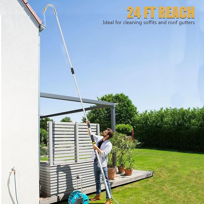 Gutter Cleaning Tools from The Ground, 24FT Reach Telescoping Gutter Cleaner Tool, Rain Gutters Cleaning Wand with 360° Metal Head, Gutters Cleaner Hose Attachment & Connection Adapter