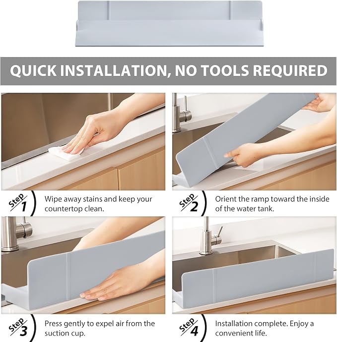 Full-Coverage Sink Splash Guard – 17.7 Inch Extra-High Ramp with Super Strong Suction Cups, Silicone Sink Splash Guard with Front-Edge Storage for Kitchen (Grey, 17.7''x4.7''x2.8')