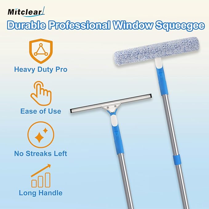 77'' Long Squeegee Window Cleaner Tool for Indoor Outdoor Windows | Professional Window Cleaning Kit with Extension Poles for High Windows Car Windshield Shower Glass Door Solar Panel