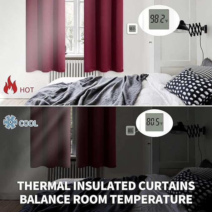 BGment Burgundy Blackout Curtains 63Inches Long for Bedroom - Wine Red Thermal Insulated Window Treatments with Rod Pocket Room Darkening for Christmas Living Room, 52 x 63 Inch, 2 Panels