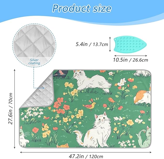 Ironing Mat Portable Ironing Pad Ironing Blanket for Table Top Heat Resistance Double-Side Using Travel Large 47.2 x 27.6 Inch Foldable Lightweight Green Spring Persian Cat and Hummingbird