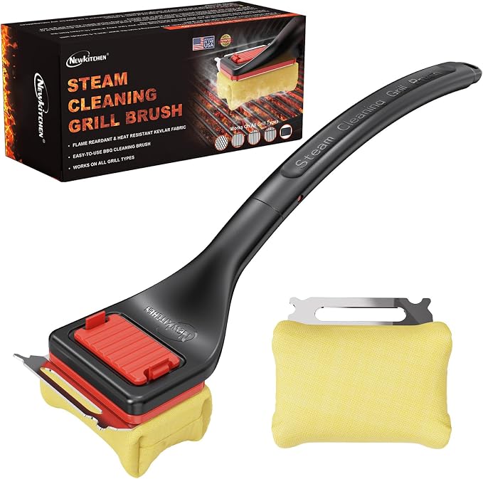 Grill Brush Bristle-Free Steam Cleaning, Long Handle BBQ Brush Replaceable Head with Grill Scraper, Barbecue Grill Cleaner for All Grill Types (2 Pack Cleaning Head)