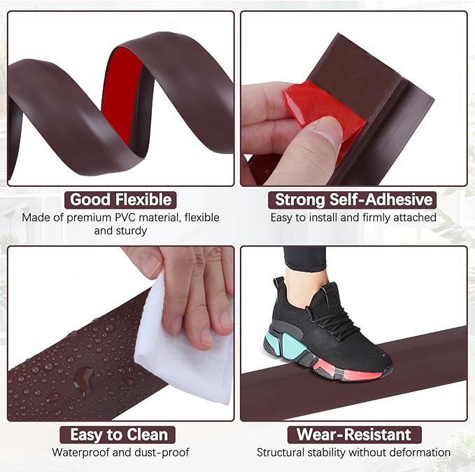 Vinyl Door Threshold Flooring Transition Strip Self Adhesive Carpet Edging Strip for Laminate Doorway Edge Threshold from 1/5" to 2/5" (Coffee, 10 Ft)