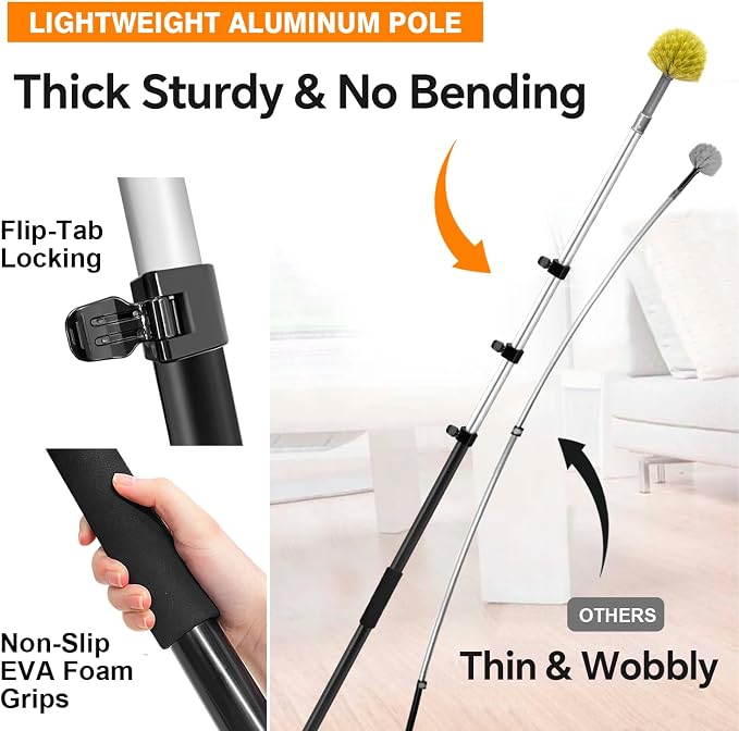 5-in-1 4-12Ft 4-Stage Telescoping Extension Pole Kit for Cleaning | Feather Dusters with Bristles for Outdoor Indoor, 4-Stage Spider Web Remover with Telescopic Pole for Ceiling Wall Yellow