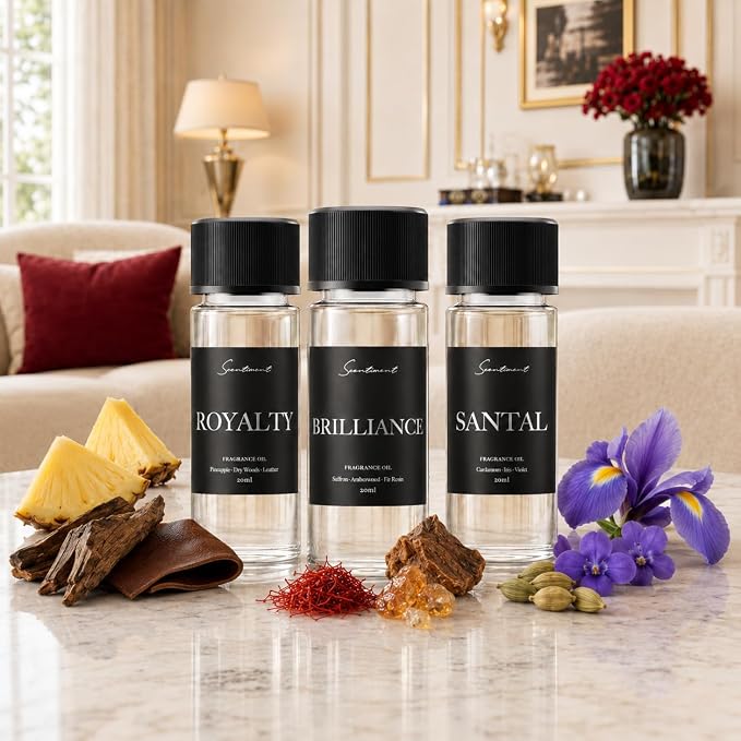 Scentiment Designer Scents - 3 Hotel Diffuser Oil Set-3 x 0.68 fl oz(20 mL) | Royalty, Brilliance, Santal, Pineapple -Saffron & Cardamom Blends,Luxury Hotel-Inspired Fragrance Oils for Cold Air Diffusers