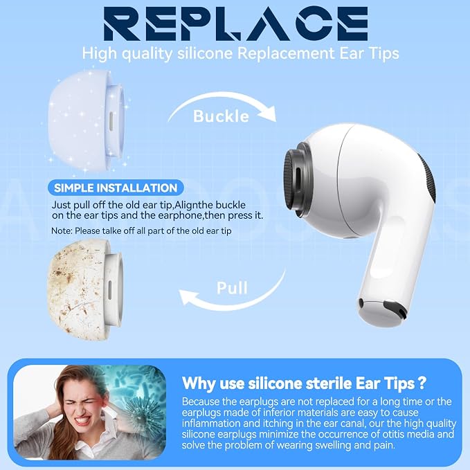 Inesore 4 Pairs Replacement Ear Tips for AirPods Pro 2nd/1st (Light Blue) | with Noise Reduction Hole & Built-in dust Guard Screen,Silicone,with Portable Storage Box & Cleaner Pen,4 Size (XS/S/M/L)