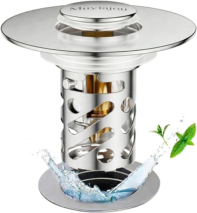 1.1"-2.36" Bathroom Stopper Stainless Steel Hair Catcher Silver 1 Pack | pop-up stopper with detachable hair filter, rustproof, easy clean & install, blocks hair to stop drain clogs