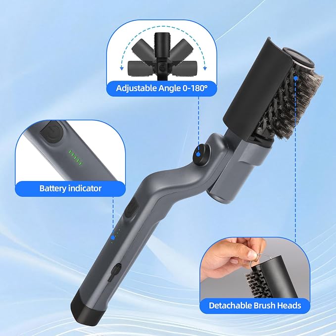 Upgraded Electric Grill Brush, Cordless Rechargeable Grill Cleaning Brush with Adjustable Angle, Stainless Steel Brush Head, 3-Speed Power, 90-Min Runtime, Waterproof Cleaner for BBQ Grates (Gray)