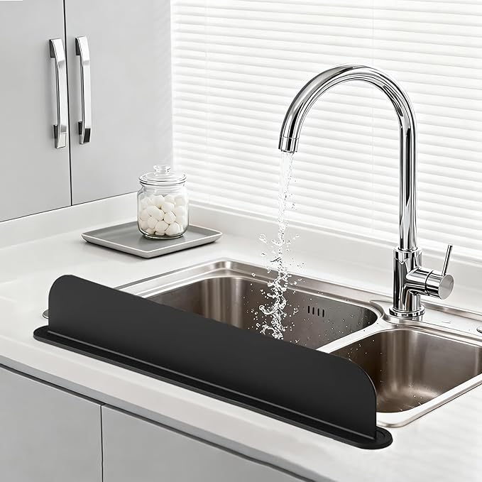 19.2inch(49cm) Silicone Sink Splash Guard, Sink Splash Guard with Suction Cup,Kitchen Sink Water Splash Guard, Kitchen Sink Splash Guard that Can Be Placed Behind (1, Black)