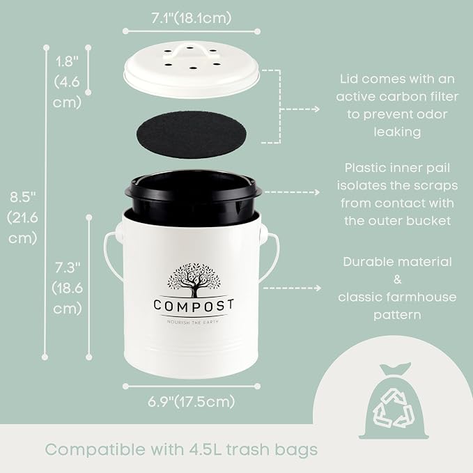 Perfnique 1.3 Gal Kitchen Compost Bin with Lid, Countertop Compost Caddy | Indoor compost bucket with inner bucket liner and carbon filter, compact food waste bin, farmhouse kitchen decor