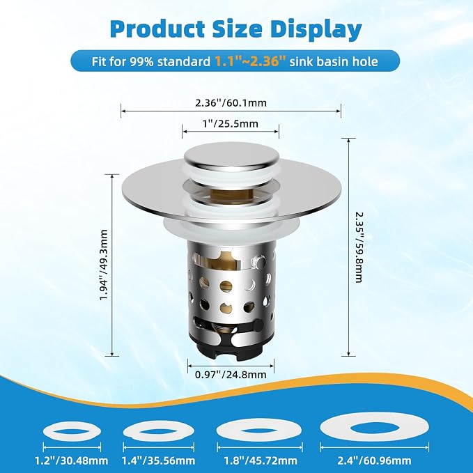 2PCS Universal Bathroom Sink Drain Strainer Hair Catcher, Chrome | Upgraded with 2-Layer Detachable Filter Basket, 4 in 1 Pop Up Drain Strainer, Anti-Clog, Fit for 1.1''~2.36'' Sinks