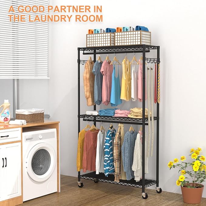 Clothes Rack, Clothing Racks for Hanging Clothes, 3 Tiers Adjustable Garment Rack with Wheels | Double Rods | Side Hooks | Heavy Duty | Load 445lbs | 15.7" D x 35.43" W x 78.34" H | Black