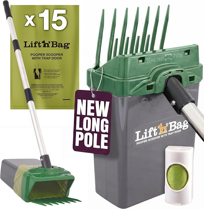 Neater Pet Brands Lift N’ Bag 2.0 Dog Pooper Scooper with Bag Attachment & 31" Pole for Small to Large Dogs, New Longer Pole, 15 Refill Bags, Heavy Duty Dog Poop Scooper for Yard, One-Hand Use