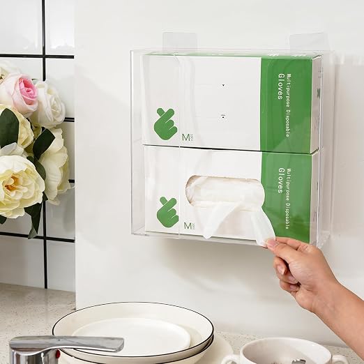Cq acrylic Rubber Glove Holder for Wall Mount,Clear Disposable Glove Dispenser and Glove Box on Wall,Multipurpose Wall Floating Mask Dispenser and Medical Gloves Rack Storage,10.2”x9.8”x3.5” Pack of 1