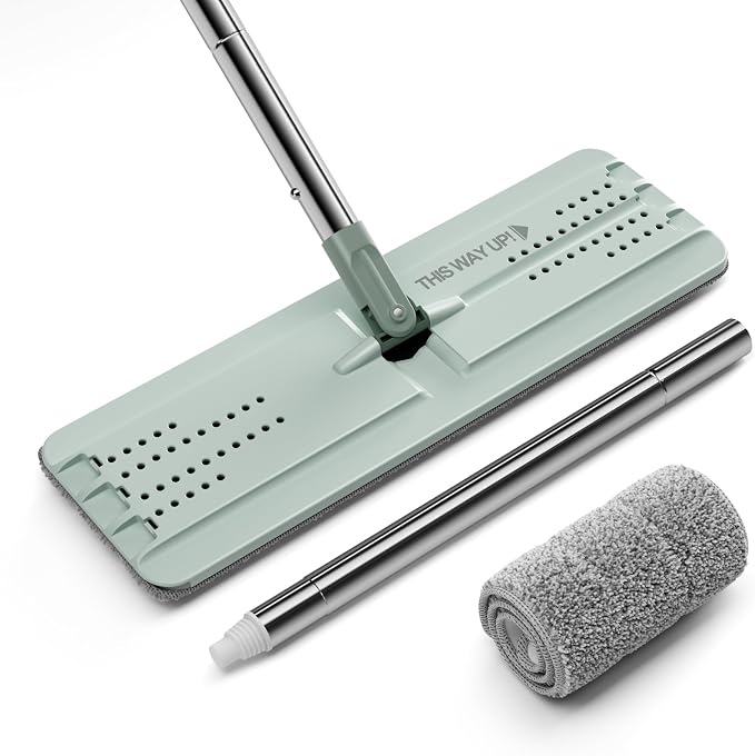 JOYMOOP Flat Mop Replacement Set, Microfiber Cleaning Head with 60" Handle and Flexible 15" Frame, Green, for Floor and Wall Cleaning